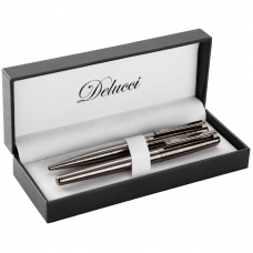 Набор Delucci Mistico: ручка перьевая 0, 8мм и ручка-роллер 0, 6мм, черные, оруж. металл, подар.уп.