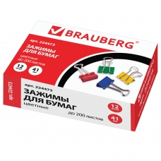 Зажимы для бумаг BRAUBERG, комплект 12 шт., 41 мм, на 200 л., цветные, в картонной коробке, 224473