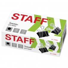 Зажимы для бумаг STAFF, комплект 12 шт., 32 мм, на 140 листов, черные, в картонной коробке, 224608
