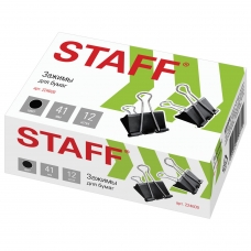 Зажимы для бумаг STAFF, комплект 12 шт., 41 мм, на 200 листов, черные, в картонной коробке, 224609