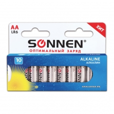 Батарейки SONNEN Alkaline, АА LR06, 15А, алкалиновые, КОМПЛЕКТ 10 шт., в коробке, 451086