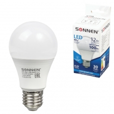 Лампа светодиодная SONNEN, 12 100 Вт, цоколь Е27, грушевидная, холодный белый свет, LED A60-12W-4000-E27, 453698