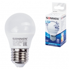 Лампа светодиодная SONNEN, 5 40 Вт, цоколь E27, шар, холодный белый свет, LED G45-5W-4000-E27, 453700