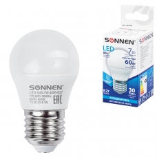 Лампа светодиодная SONNEN, 7 60 Вт, цоколь E27, шар, холодный белый свет, LED G45-7W-4000-E27, 453704
