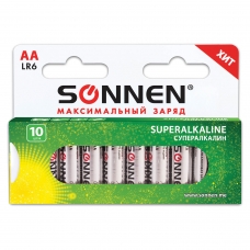 Батарейки SONNEN Super Alkaline, АА LR06, 15А, алкалиновые, 10 шт., в коробке, 454231