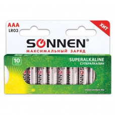 Батарейки SONNEN Super Alkaline, AAA LR03, 24А, алкалиновые, 10 шт., в коробке, 454232