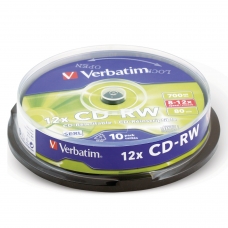 Диски CD-RW VERBATIM 700 Mb 12х, КОМПЛЕКТ 10 шт, Cake Box, 43480
