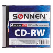 Диск CD-RW SONNEN, 700 Mb, 4-12x, Slim Case 1 штука, 512579