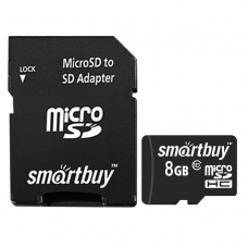 Карта памяти micro SDHC, 8 GB, SMARTBUY, 10 Мб/сек. class 10, с адаптером, SB8GBSDCL10-01