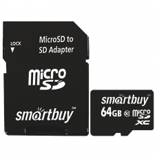 Карта памяти micro SDXC, 64 GB, SMARTBUY, 10 Мб/сек. class 10, с адаптером, SB64GBSDCL10-01