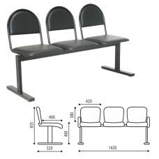 Кресло для посетителей трехсекционное Тройка, 835х1420х520 мм, черный каркас, черный кожзам., СМ 91-03 К01