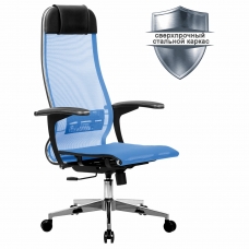 Кресло офисное МЕТТА К-4-Т хром, прочная сетка, сиденье и спинка регулируемые, голубое