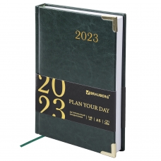 Ежедневник датированный 2023 А5 138x213 мм BRAUBERG Senator, под кожу, зеленый, 114064