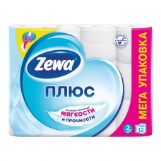 Бумага туалетная бытовая, спайка 12 штук, 2-х слойная 12х23 м, ZEWA Plus, белая, 144090