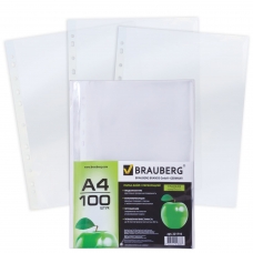 Папки-файлы перфорированные, А4, BRAUBERG, комплект 100 шт., гладкие, Яблоко, 35 мкм, 221710