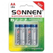 Батарейки SONNEN Super Alkaline, АА LR06, 15А, алкалиновые, КОМПЛЕКТ 4 шт., в блистере, 451094