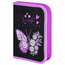 Пенал BRAUBERG с наполнением, 1 отделение, 1 откидная планка, 24 предмета, 21х14 см, Flower butterfly, 271524