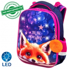 Ранец BRAUBERG PREMIUM, 2 отделения, с брелоком, Cute fox, LED-ЛАМПОЧКИ, 38х29х16 см, 272019