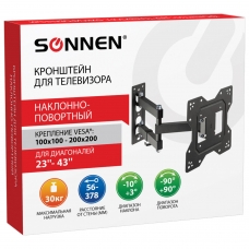 Кронштейн-крепление для ТВ настенный, до 30 кг, VESA 100х100-200х200, 23-43, черный, SONNEN, 455947 Кронштейн-крепление для ТВ настенный, до 30 кг, VESA 100х100-200х200, 23-43, черный, SONNEN, 455947