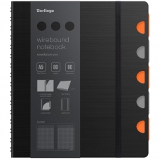 Бизнес-тетрадь А5+, 80л., Berlingo 'Steel&Style Pro', клетка, на гребне, 80г/м2, перфорация, разделители, линейка, закладка, черная Бизнес-тетрадь А5+, 80л., Berlingo 'Steel&Style Pro', клетка, на гребне, 80г/м2, перфорация, разделители, линейка, закладка, черная