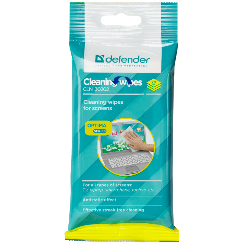 Салфетки чистящие влажные Defender, для мониторов, в мягкой упаковке, 20шт. 30202 163823w