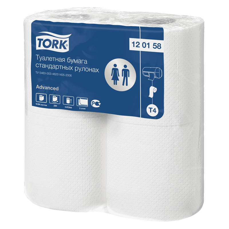 Бумага туалетная Tork AdvancedТ4 2-слойная, стандарт. рулон, 23м/рул, 4шт., тиснение, белая 120158 176094w