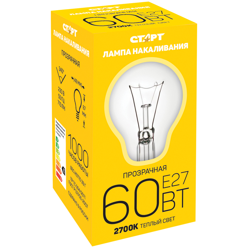 Лампа накаливания Старт Б 60W, E27, прозрачная 6276/11960 178607w