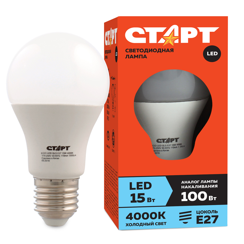 Лампа светодиодная Старт LED, серия ЭКО 15W40, тип А груша E27, 4000К, холодный свет, 15000ч 14826/10665/12501 227549w