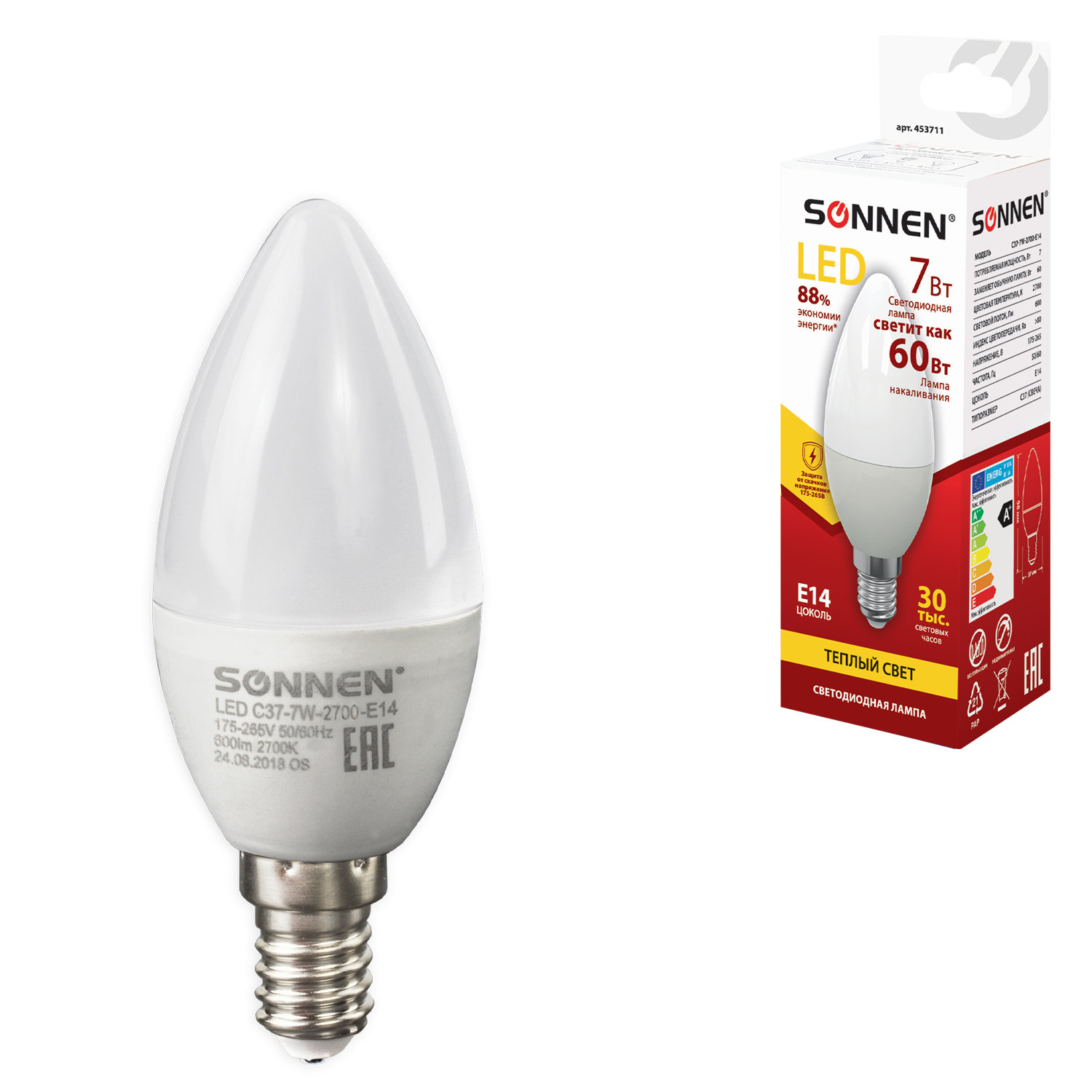 Лампа светодиодная SONNEN, 7 (60) Вт, цоколь Е14, свеча, теплый белый свет, 30000 ч, LED C37-7W-2700-E14, 453711 купите по выгодной цене