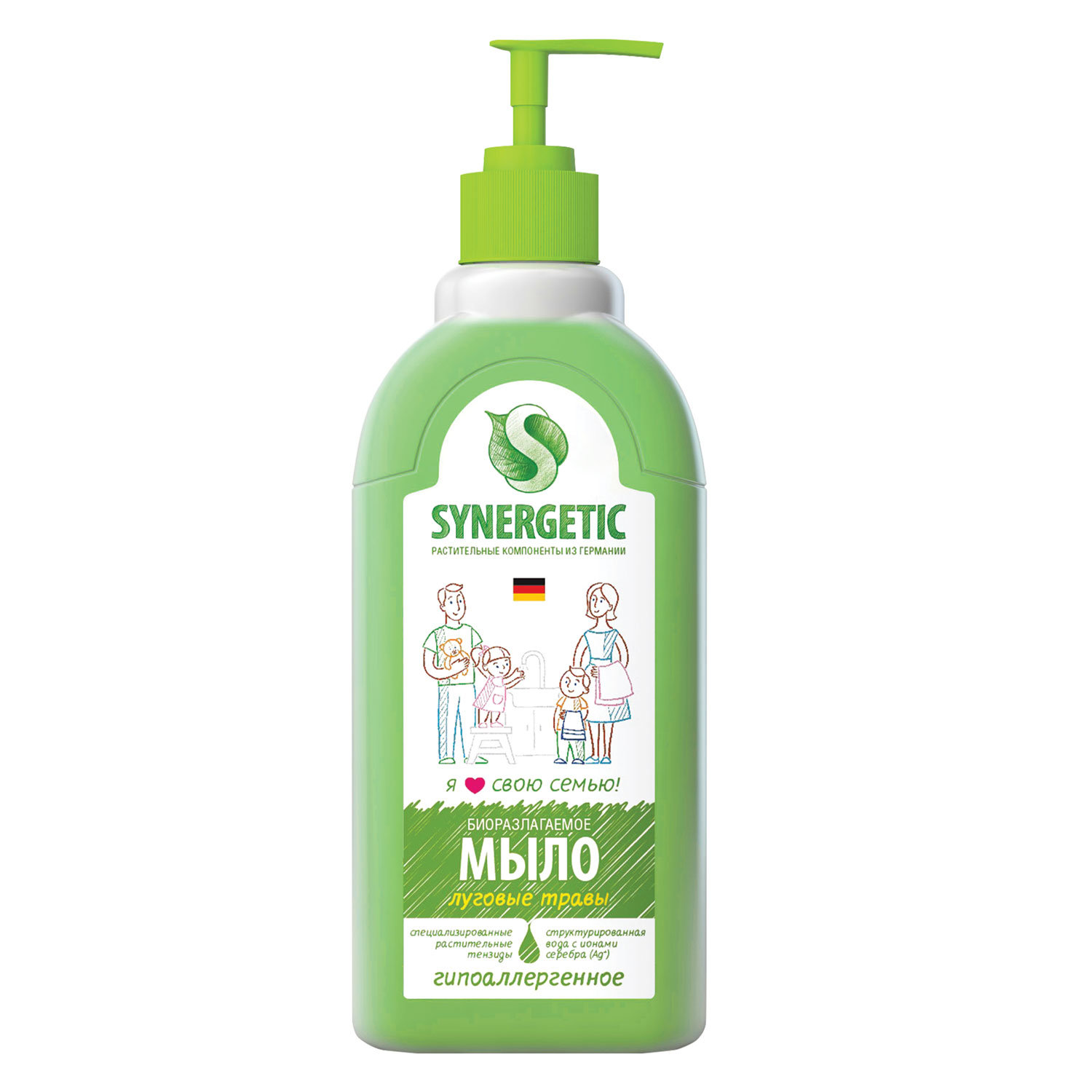 Мыло жидкое 500 мл SYNERGETIC Луговые травы, гипоаллергенное, биоразлагаемое, дозатор, 105053 купите по выгодной цене