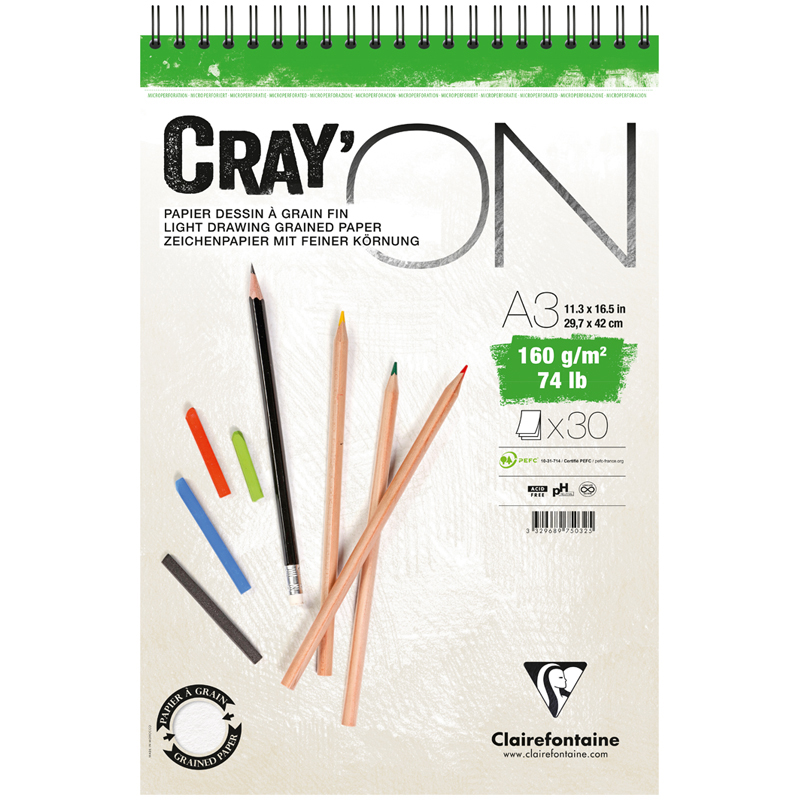 Скетчбук - блокнот 30л., А3 Clairefontaine Cray ON, на гребне, 160г/м2, мелкозерн. 975032C 320099w