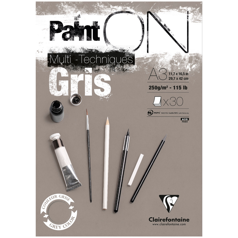 Скетчбук - альбом для смешанных техник 30л., А3, на склейке Clairefontaine Paint'ON Grey, 250г/м2, серый 975810C 320114w